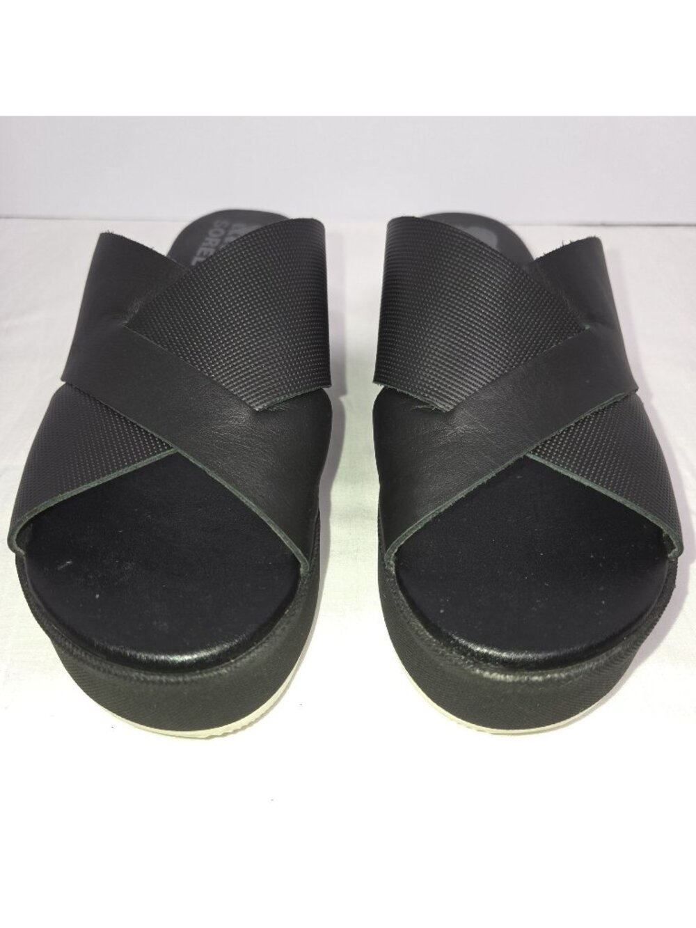 Sorel Cameron Flatform Mule Sandals Black Leather Platform Slides Women's 8.5